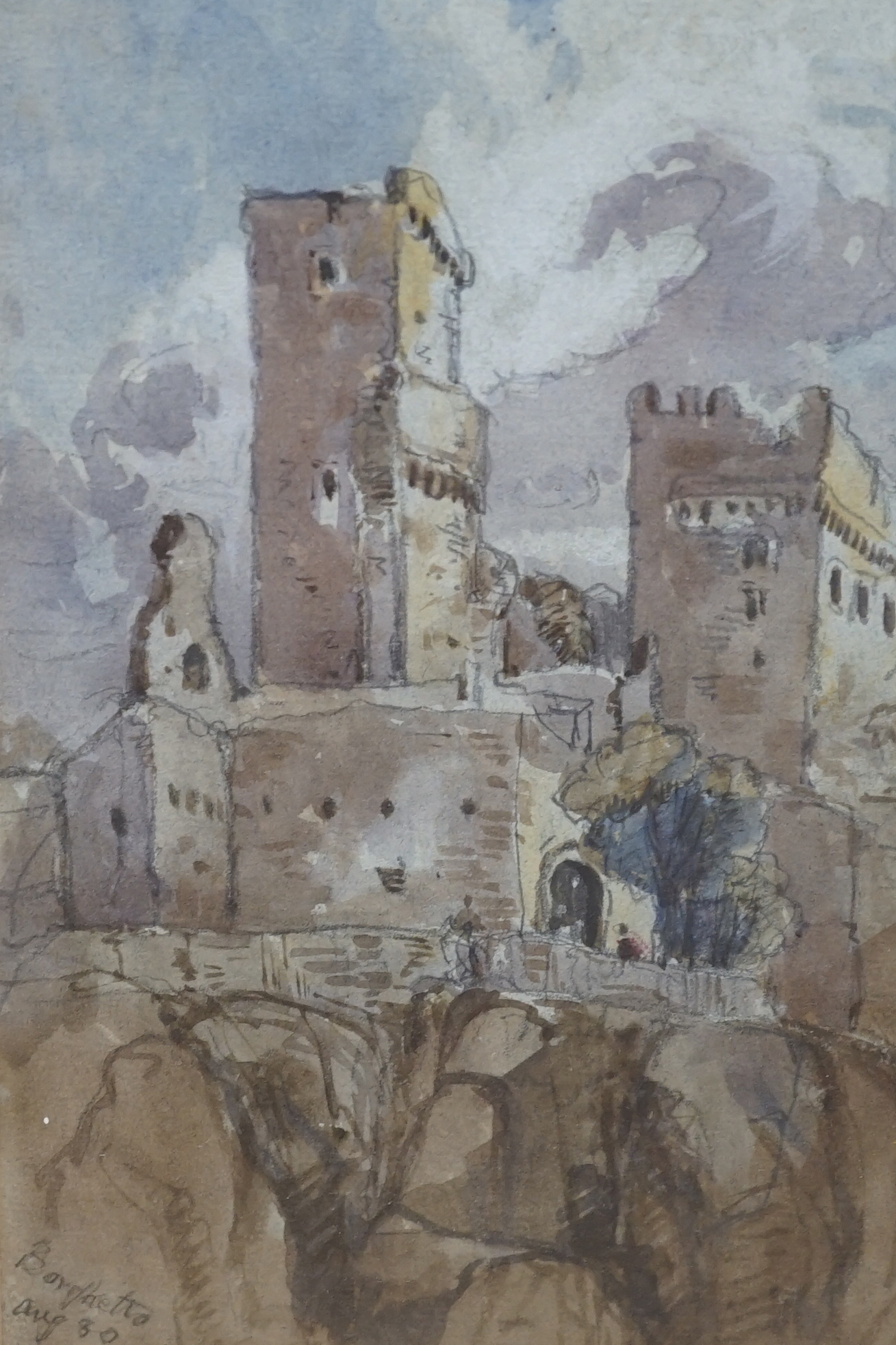 19th Century English School, two watercolours, 'Borghetto 1880', 21 x 15cm and a View of a figure on a lane by another hand, 26 x 23cm